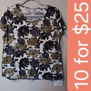 ANN TAYLORN Floral Short Sleeve Scoop Neck Top - Black & Tan